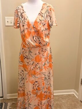 Chetta B Orange and Cream Floral Wrap Maxi Dress